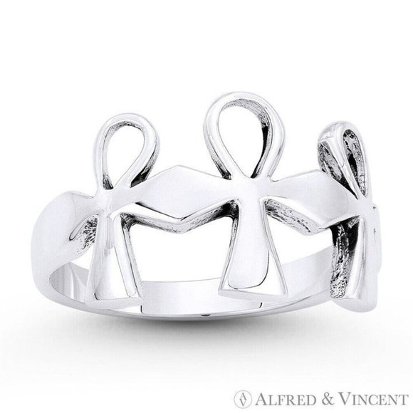 Egyptian Ankh Cross Key-of-Life Triple Charm in .925 Sterling Silver - Size 6 - Picture 1 of 1